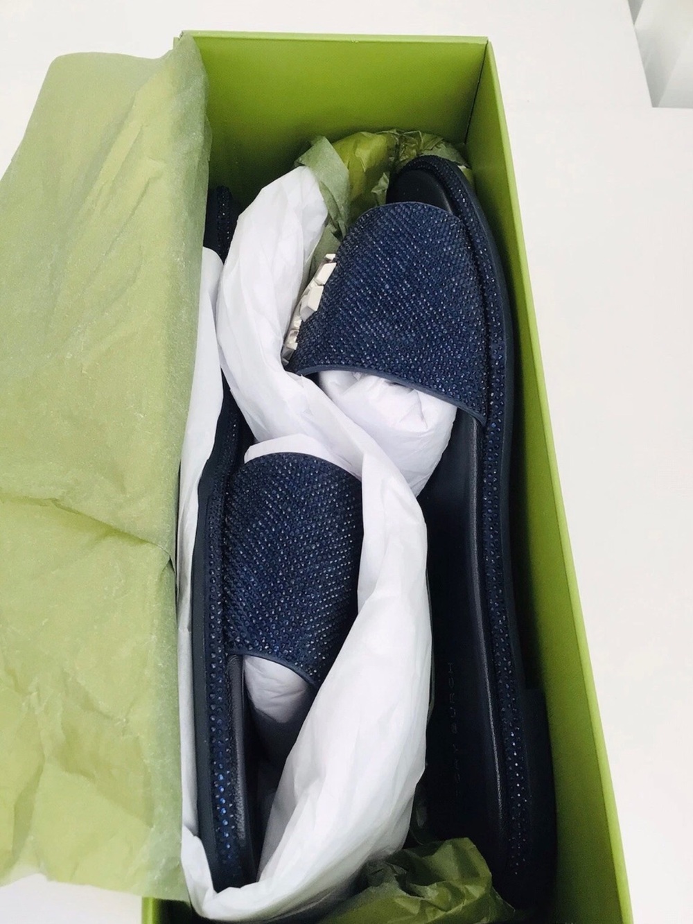 Tory Burch Everly Slide Leather Rhinestones Sandals-Navy New In Box - Picture 3 of 10